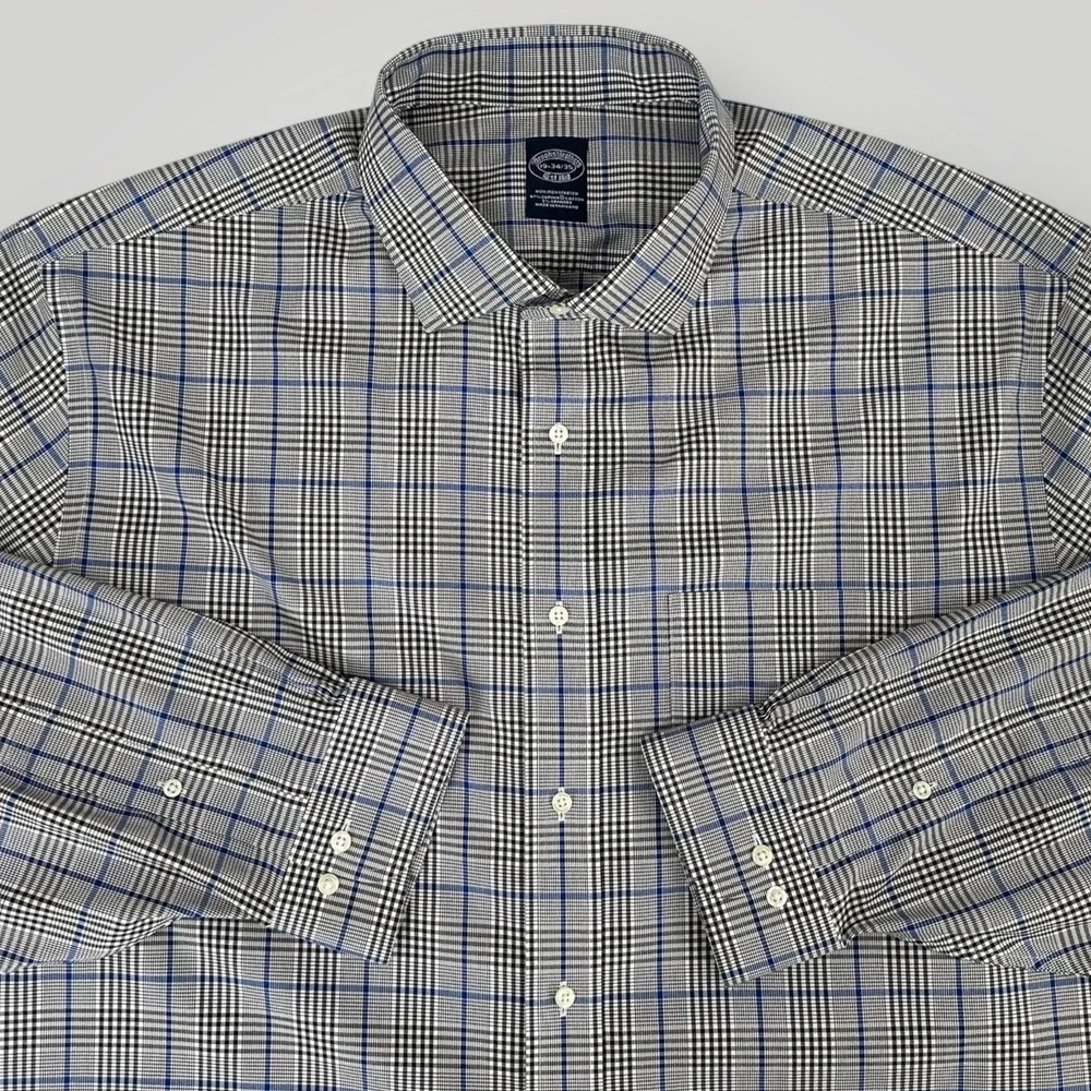 Brooks Brothers Stretch Supima Shirt Mens‎ 19 34/35 Blue Plaid Non Iron Dress
